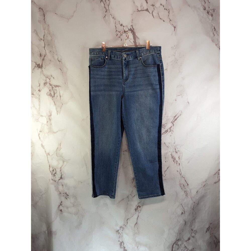Chicos Jean Women 10 1.5 So Slimming Girlfriend Slim Crop Denim Piping Striped